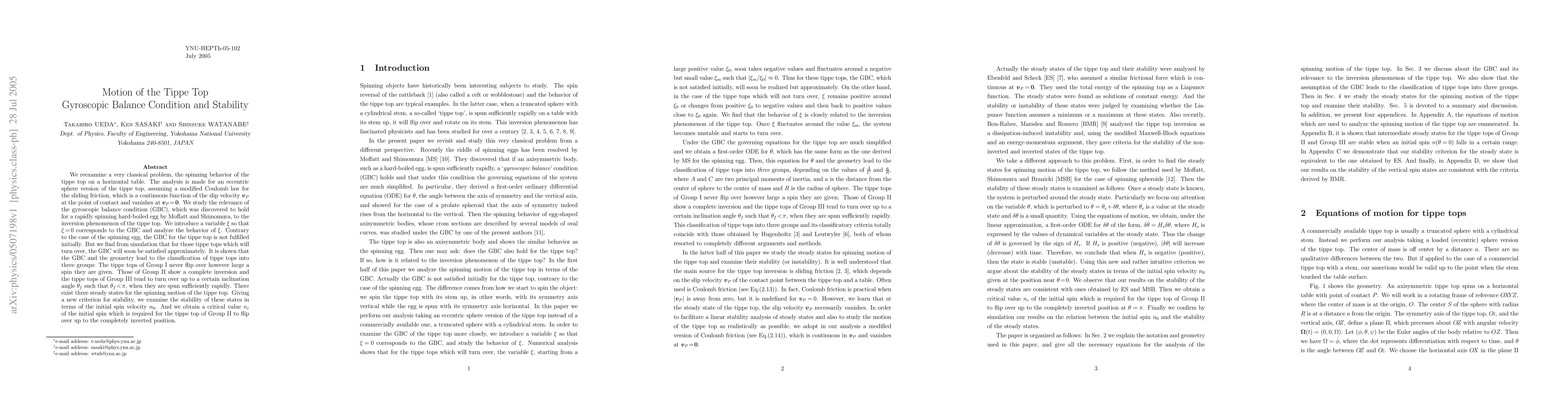 Thumbnail for Motion of the Tippe Top : Gyroscopic Balance Condition and Stability