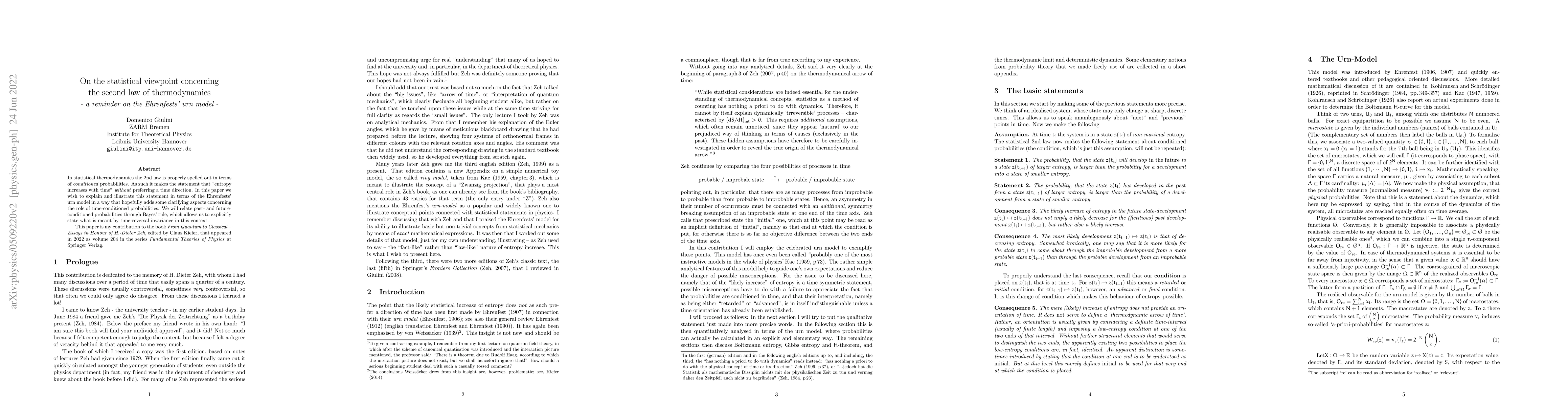 Thumbnail for On the Statistical Viewpoint Concerning the 2nd Law of Thermodynamics a
  Reminder on the Ehrenfests' Urn Model