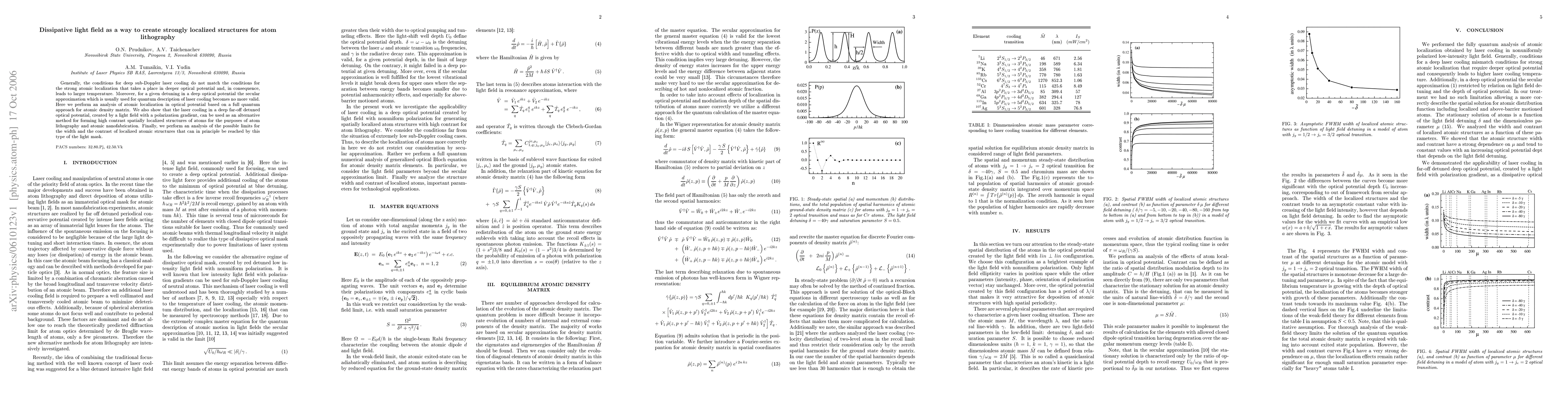 Thumbnail for Dissipative light field as a way to create strongly localized structures
  for atom lithography