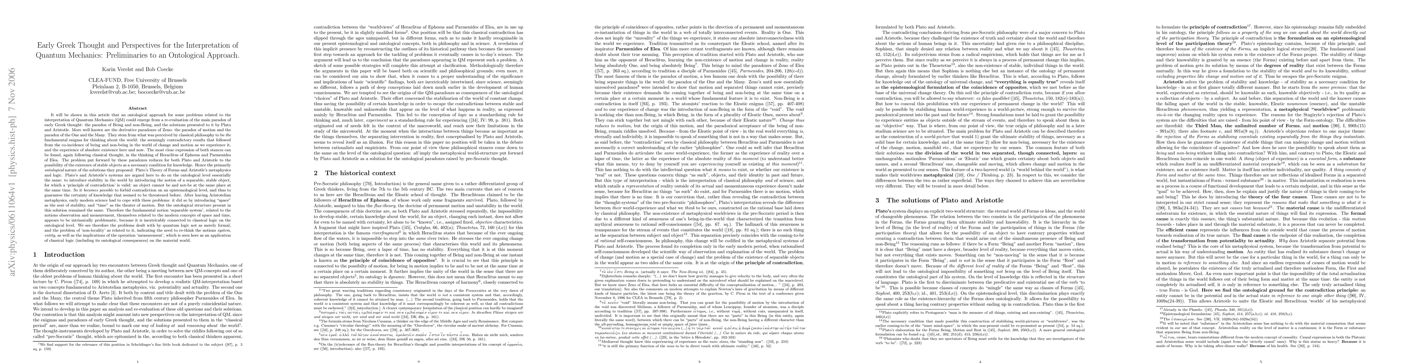 Thumbnail for Early Greek Thought and Perspectives for the Interpretation of Quantum
  Mechanics: Preliminaries to an Ontological Approach