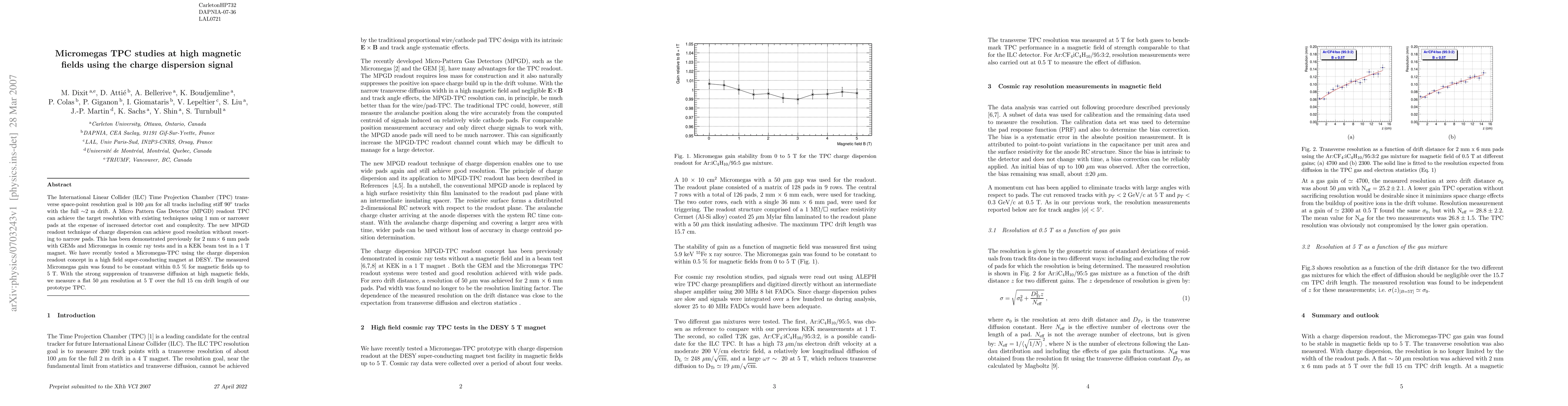 Thumbnail for Micromegas TPC studies at high magnetic fields using the charge
  dispersion signal