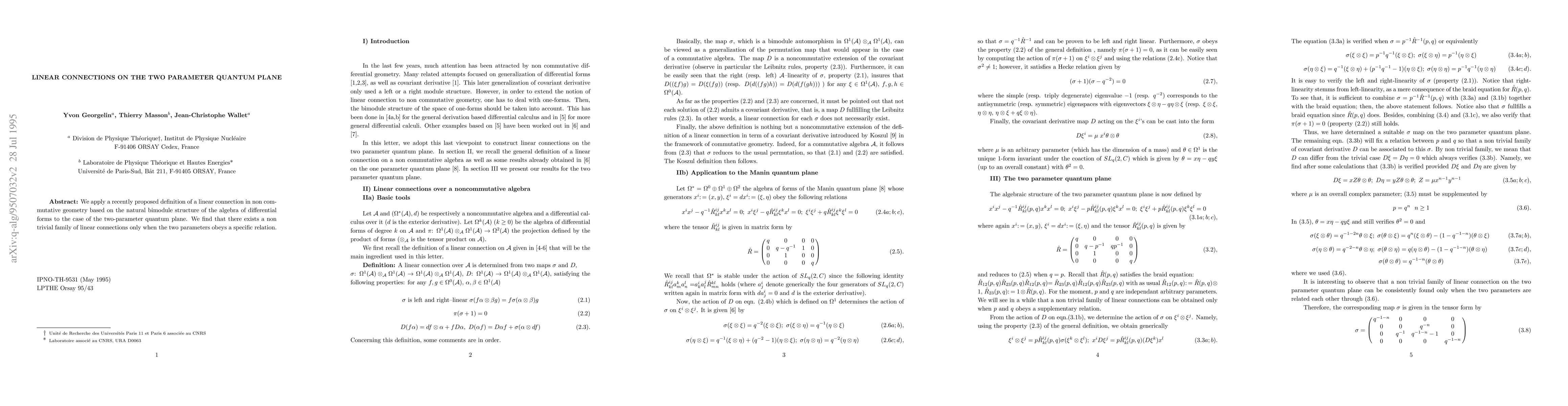 Thumbnail for Linear Connections on the Two Parameter Quantum Plane