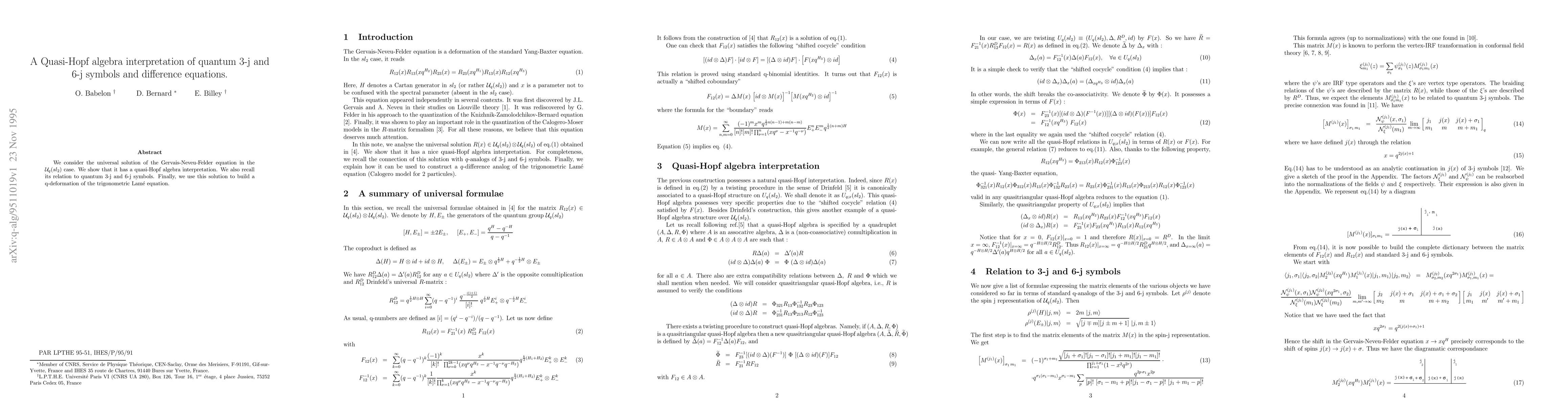 Thumbnail for A Quasi-Hopf algebra interpretation of quantum 3-j and 6-j symbols and
  difference equations