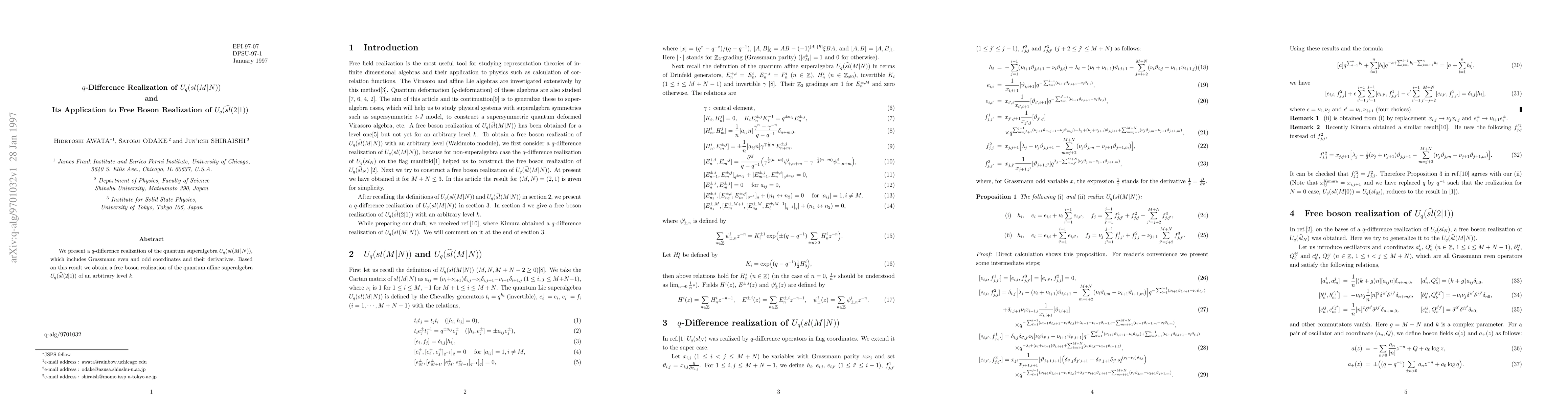 Thumbnail for q-Difference Realization of U_q(sl(M|N)) and Its Application to Free
  Boson Realization of U_q(\widehat{sl}(2|1))