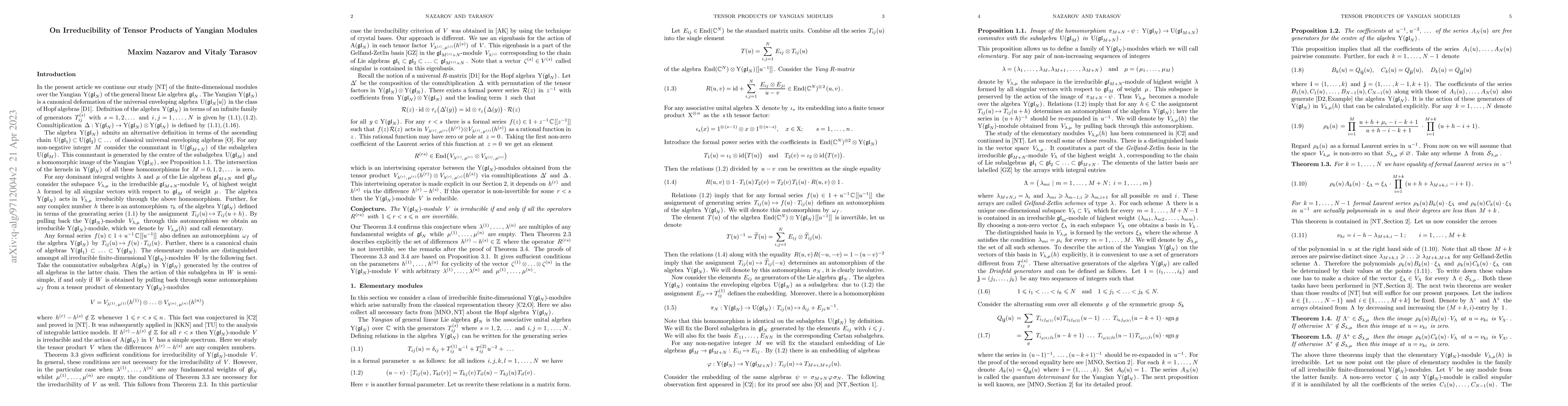 Thumbnail for On Irreducibility of Tensor Products of Yangian Modules