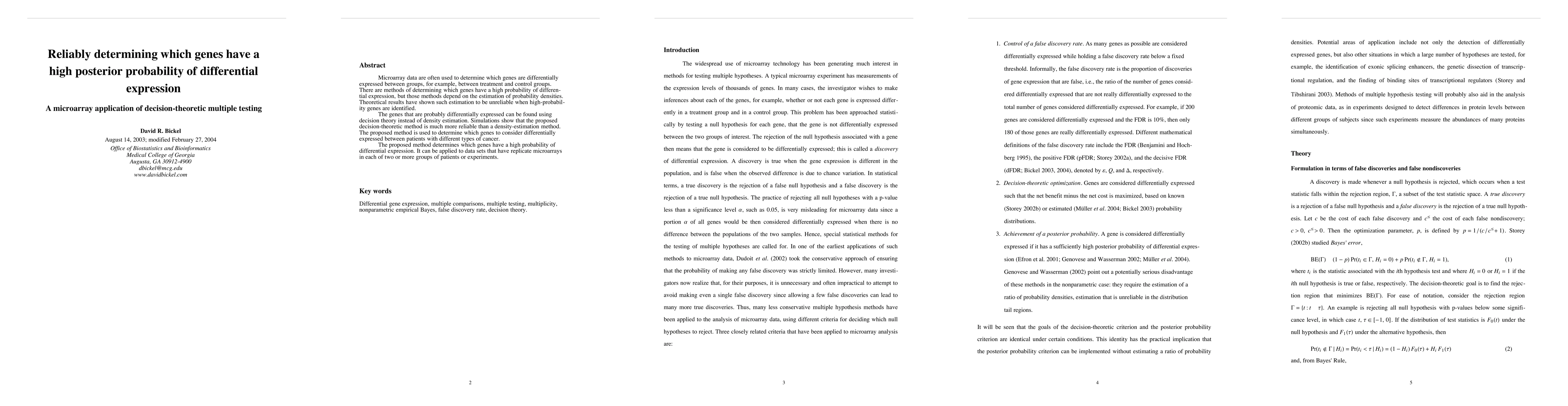 Thumbnail for Reliably determining which genes have a high posterior probability of differential expression: A microarray application of decision-theoretic multiple testing