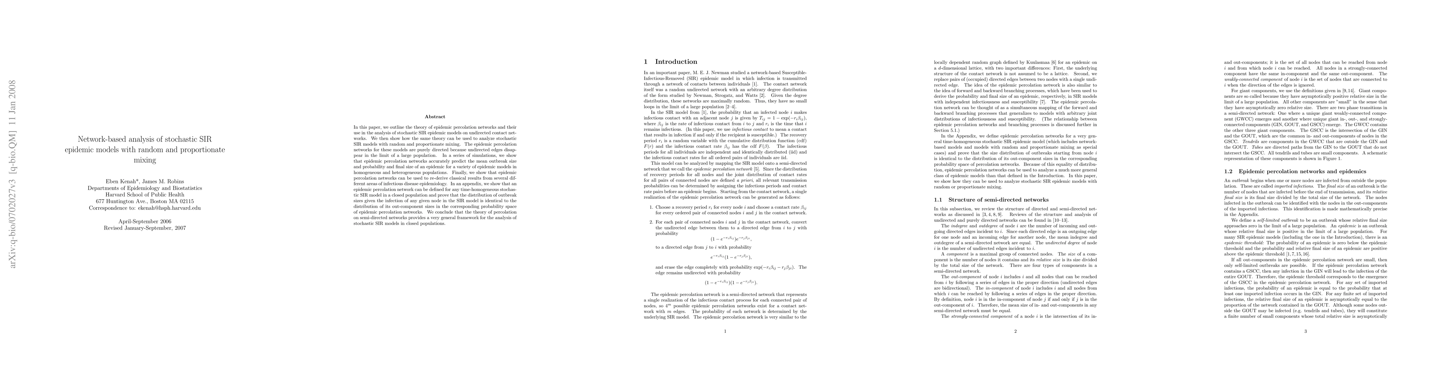 Thumbnail for Network-based analysis of stochastic SIR epidemic models with random and
  proportionate mixing