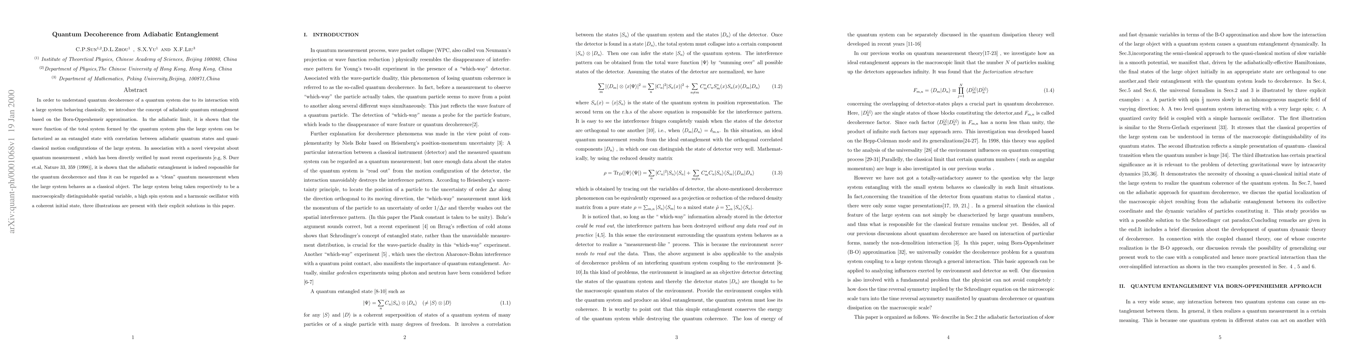 Thumbnail for Quantum Decoherence from Adiabatic Entanglement