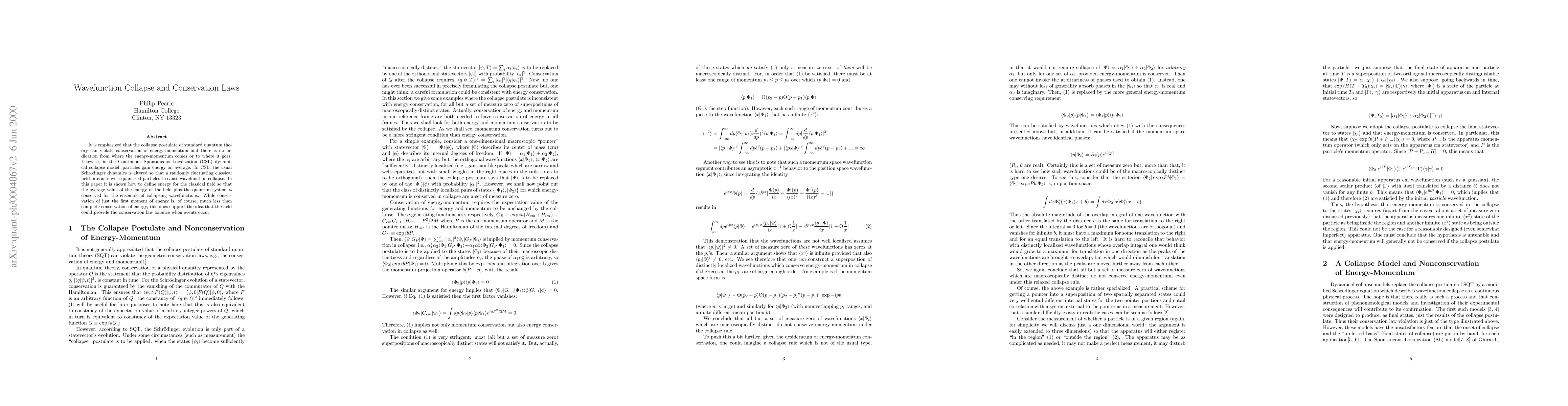 Thumbnail for Wavefunction Collapse and Conservation Laws