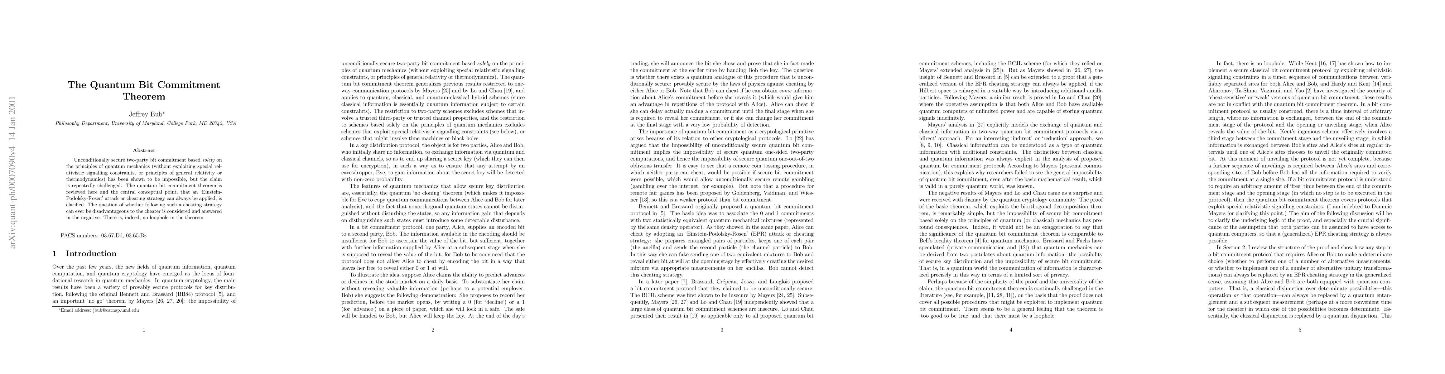 Thumbnail for The quantum bit commitment theorem