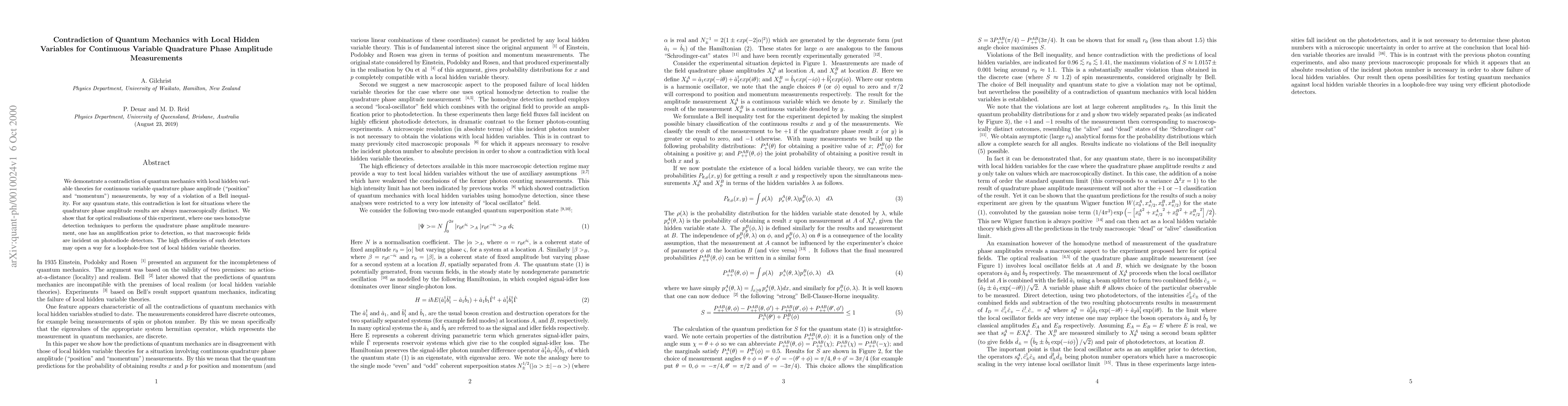 Thumbnail for Contradiction of Quantum Mechanics with Local Hidden Variables for
  Continuous Variable Quadrature Phase Amplitude Measurements