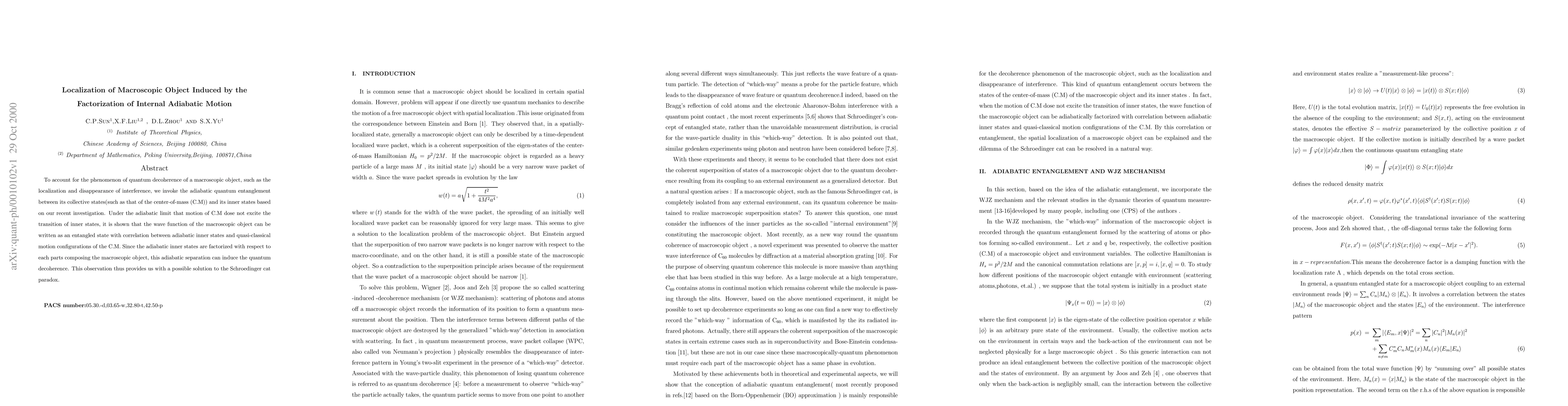 Thumbnail for Localization of Macroscopic Object Induced by the Factorization of
  Internal Adiabatic Motion