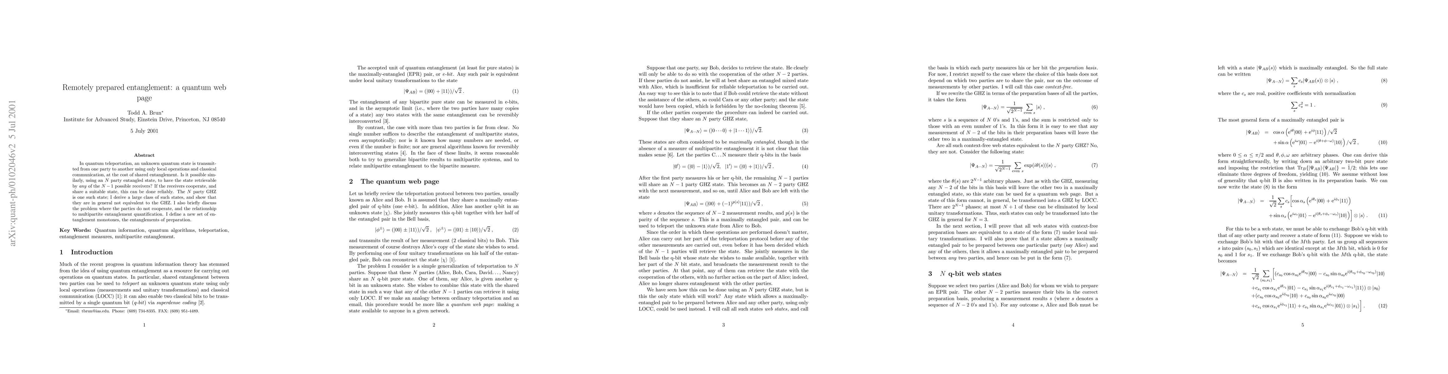 Thumbnail for Remotely prepared entanglement: a quantum web page