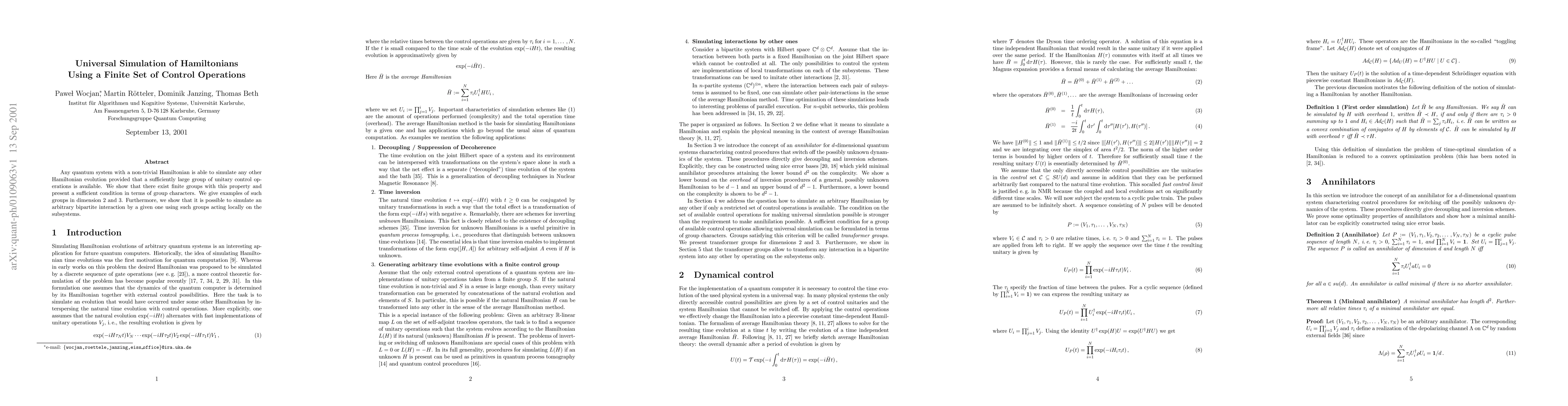 Thumbnail for Universal Simulation of Hamiltonians Using a Finite Set of Control
  Operations