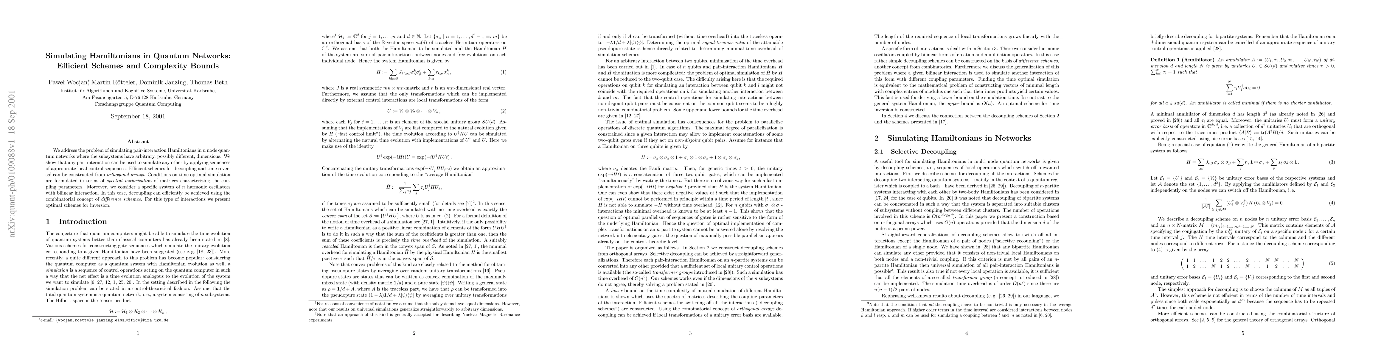 Thumbnail for Simulating Hamiltonians in Quantum Networks: Efficient Schemes and
  Complexity Bounds