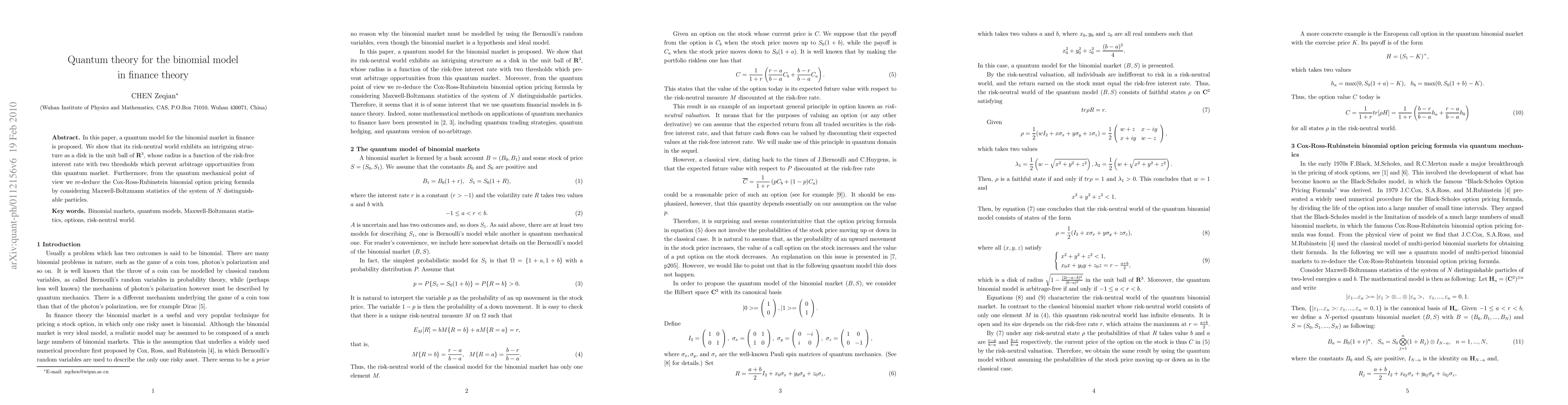 Thumbnail for Quantum Theory for the Binomial Model in Finance Theory