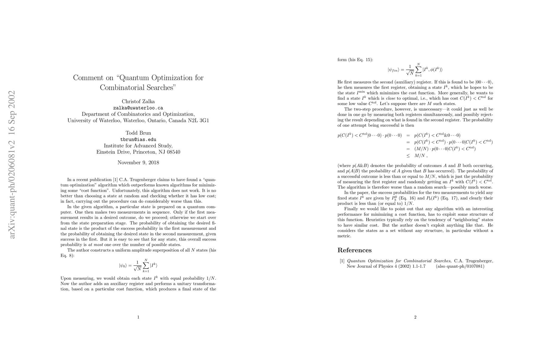 Thumbnail for Comment on "Quantum optimization for combinatorial searches"