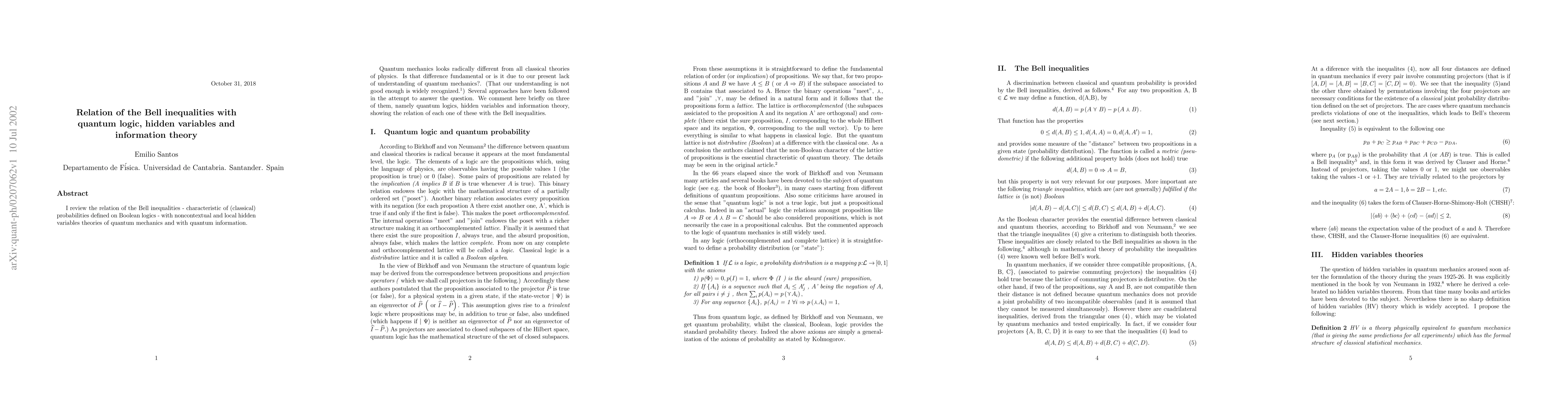 Thumbnail for Relation of the Bell inequalities with quantum logic, hidden variables
  and information theory