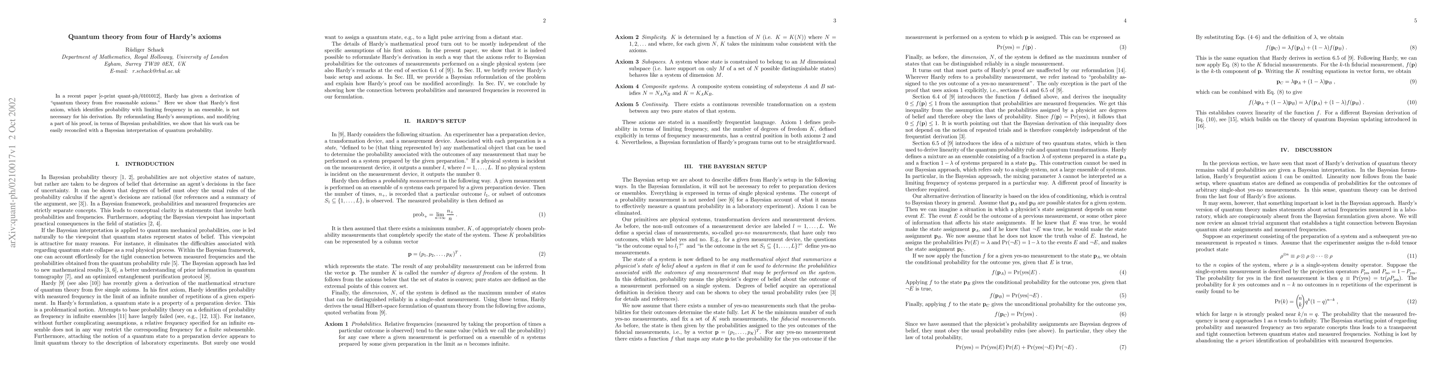 Thumbnail for Quantum theory from four of Hardy's axioms