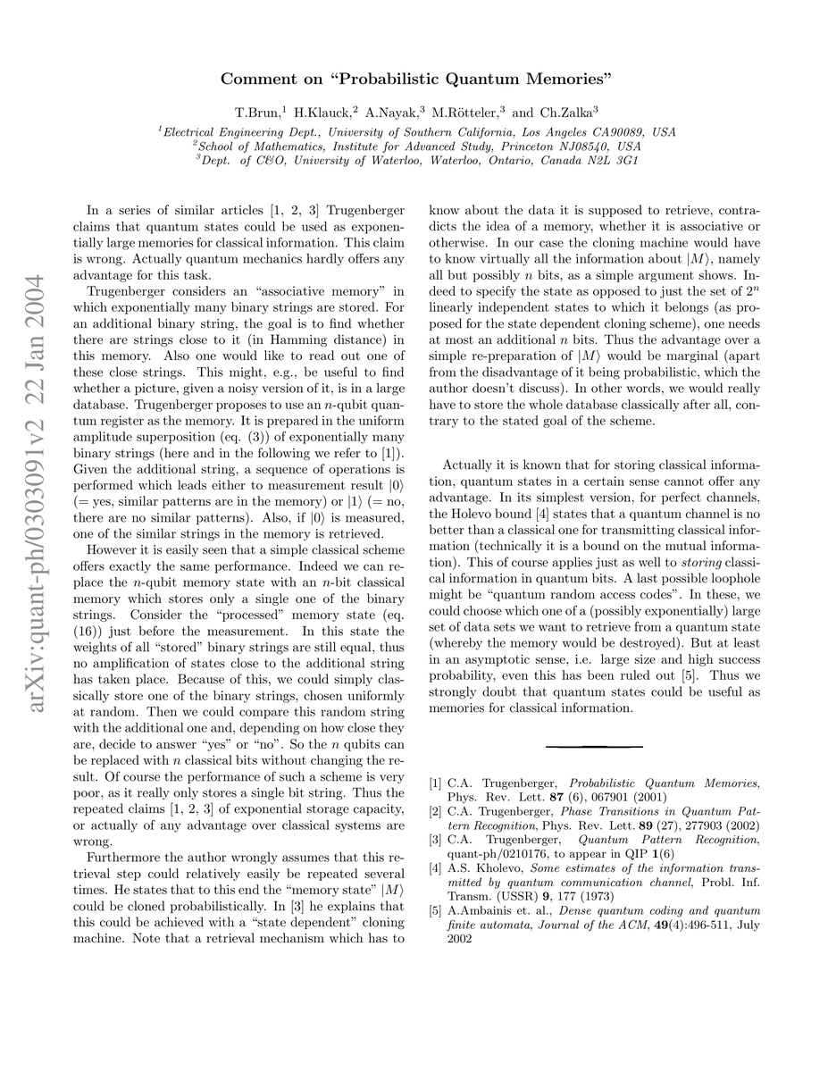 Thumbnail for Comment on "Probabilistic Quantum Memories"