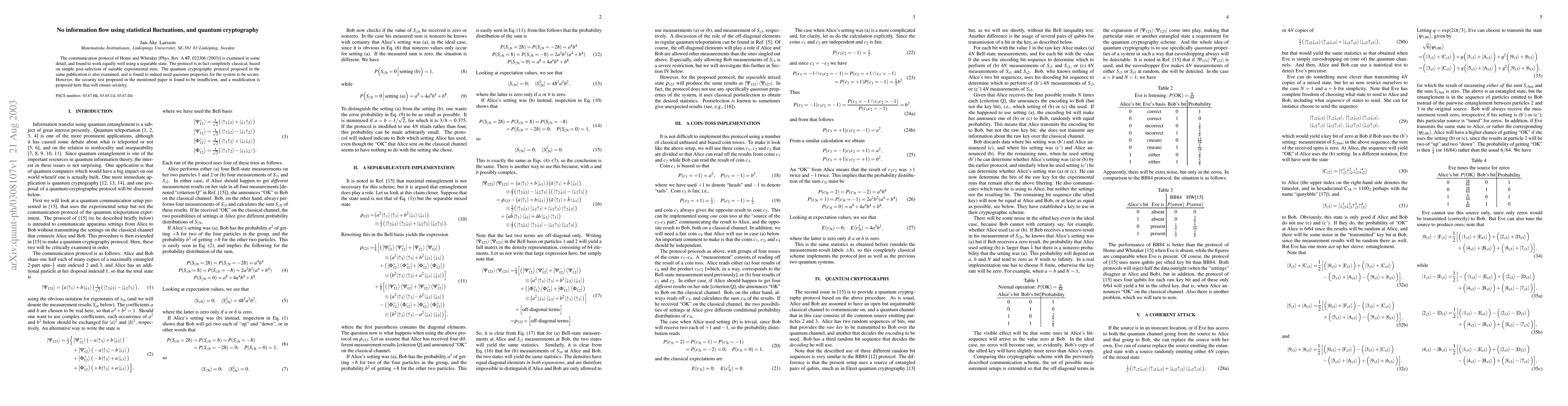 Thumbnail for No information flow using statistical fluctuations, and quantum
  cryptography