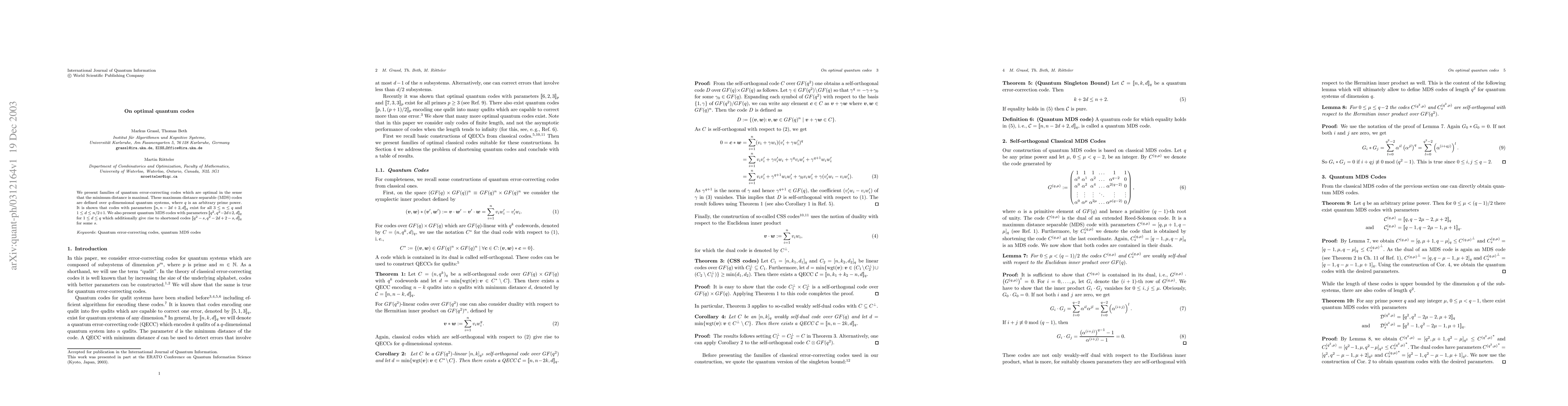 Thumbnail for On optimal quantum codes