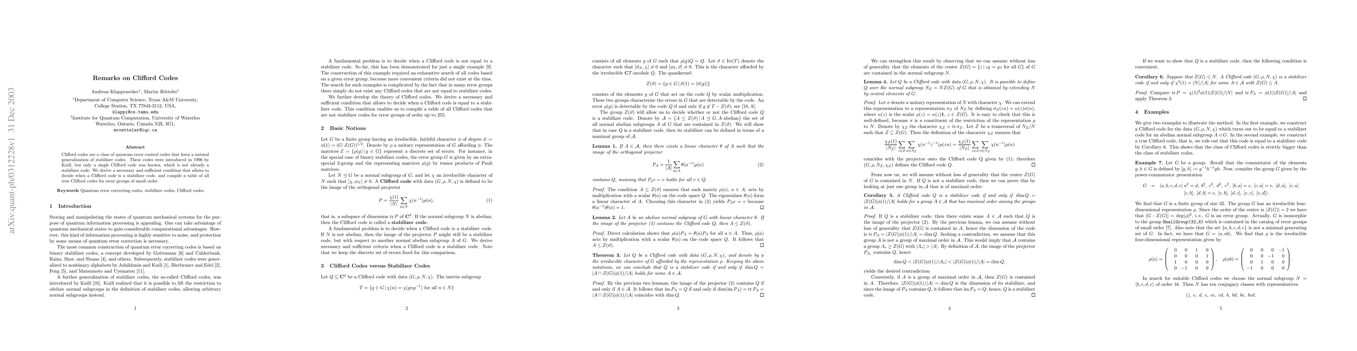 Thumbnail for Remarks on Clifford codes