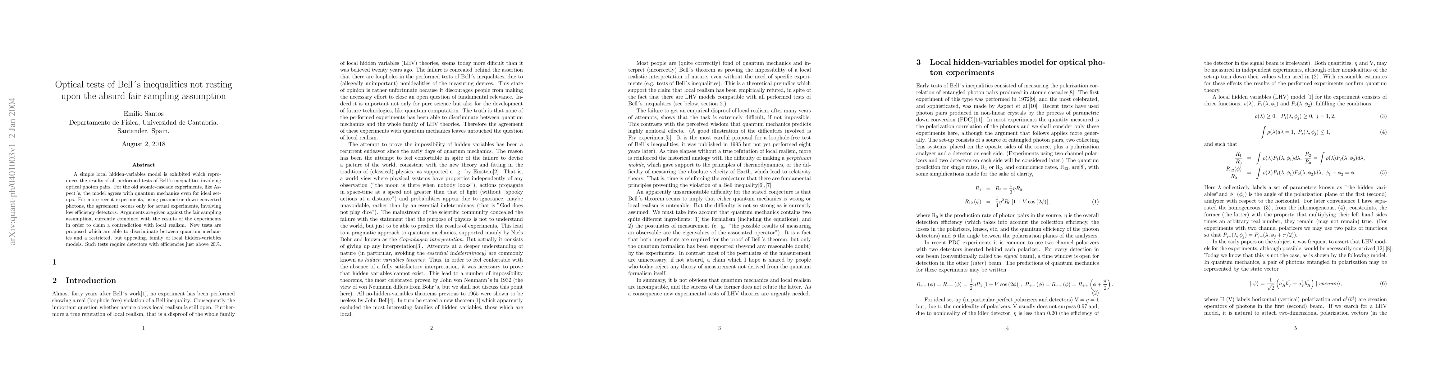 Thumbnail for Optical tests of Bell's inequalities not resting upon the absurd fair
  sampling assumption
