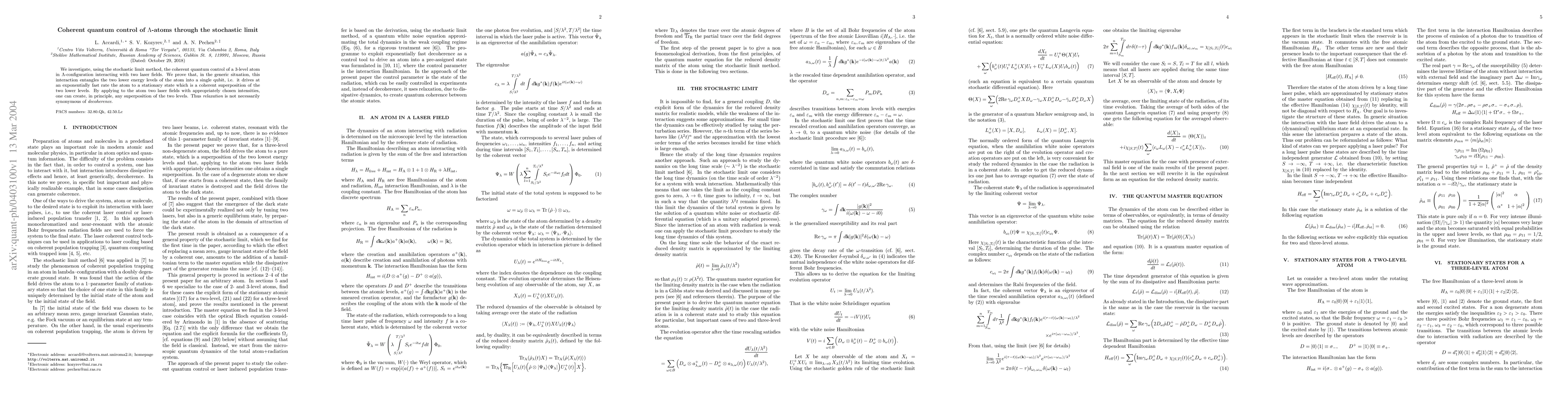 Thumbnail for Coherent quantum control of $\Lambda$-atoms through the stochastic limit