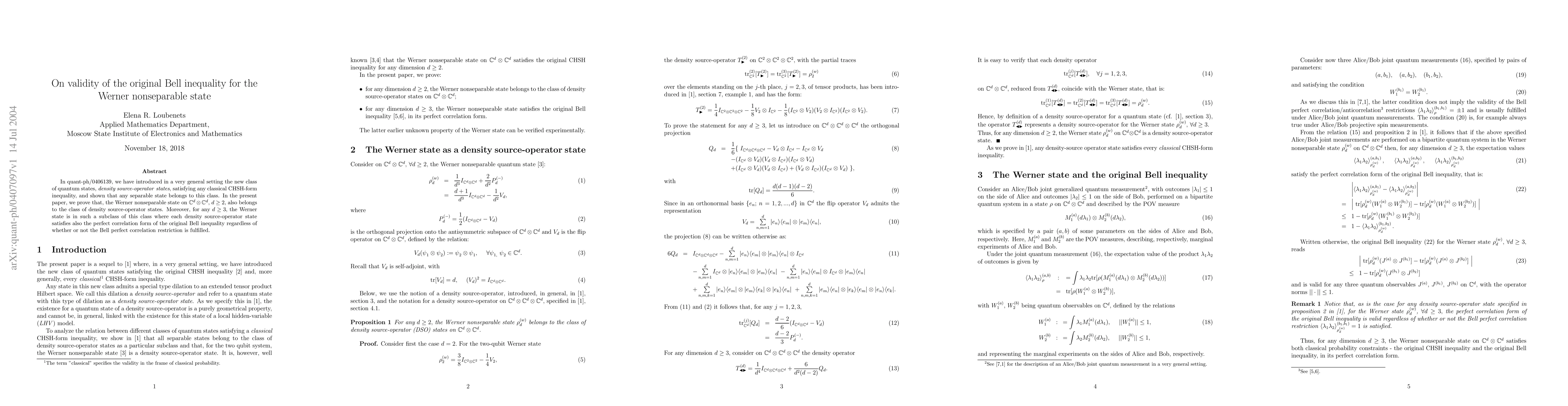 Thumbnail for On validity of the original Bell inequality for the Werner nonseparable
  state