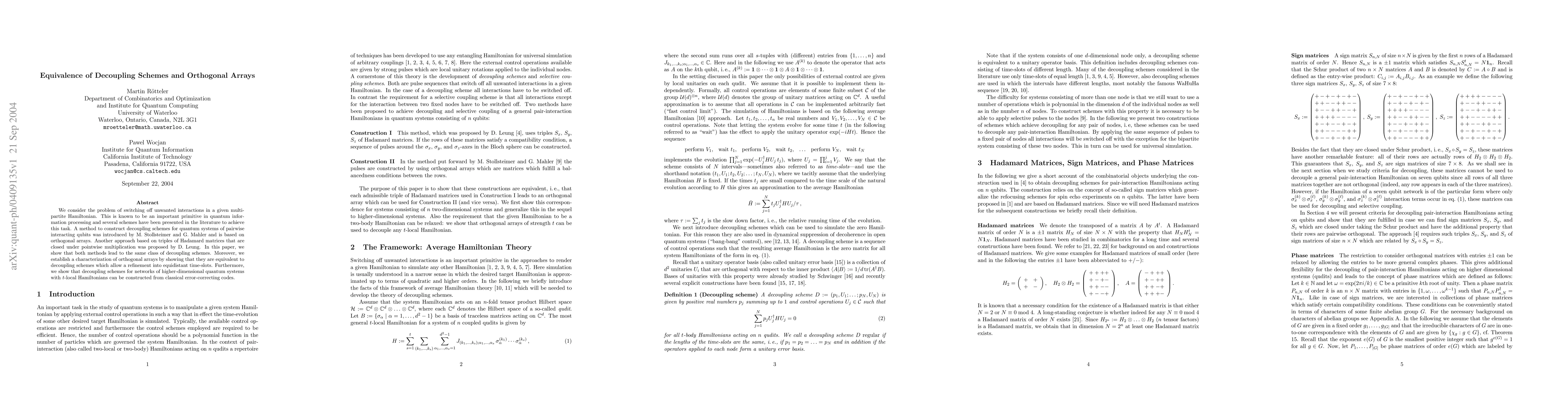 Thumbnail for Equivalence of Decoupling Schemes and Orthogonal Arrays