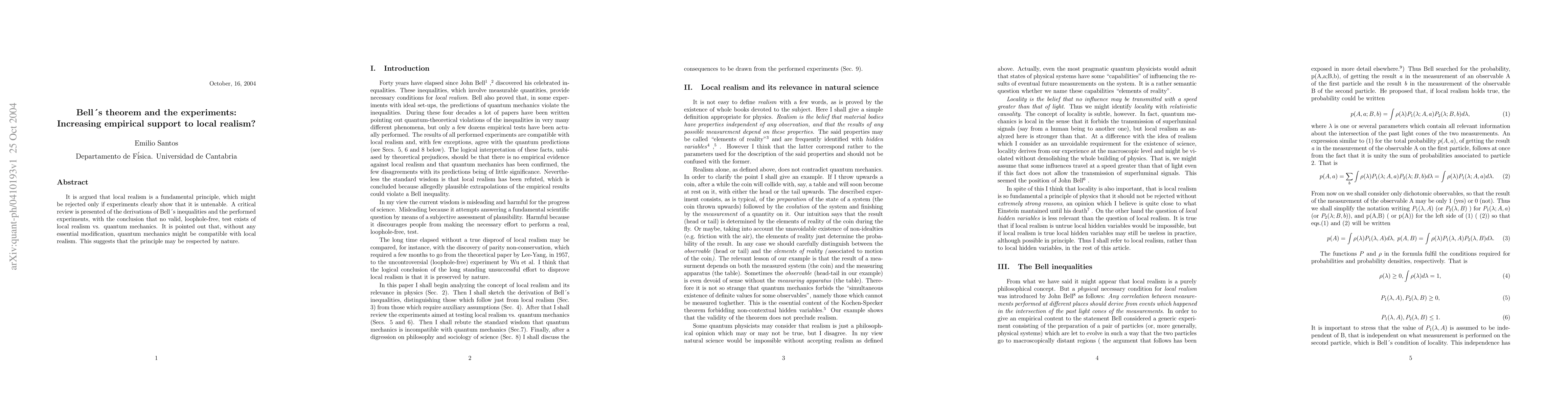 Thumbnail for Bell's theorem and the experiments: Increasing empirical support to
  local realism