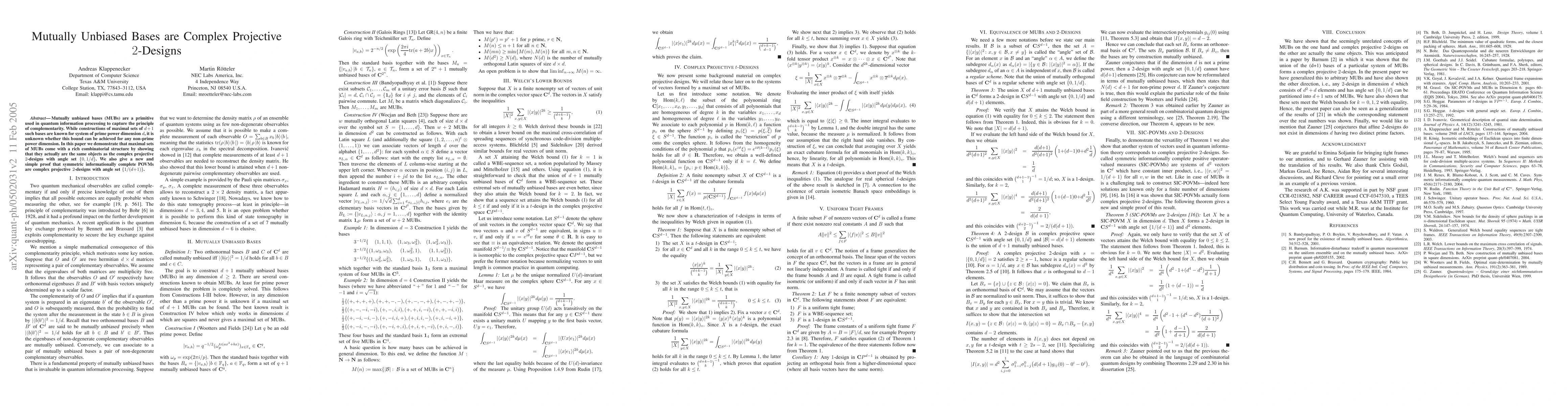 Thumbnail for Mutually Unbiased Bases are Complex Projective 2-Designs