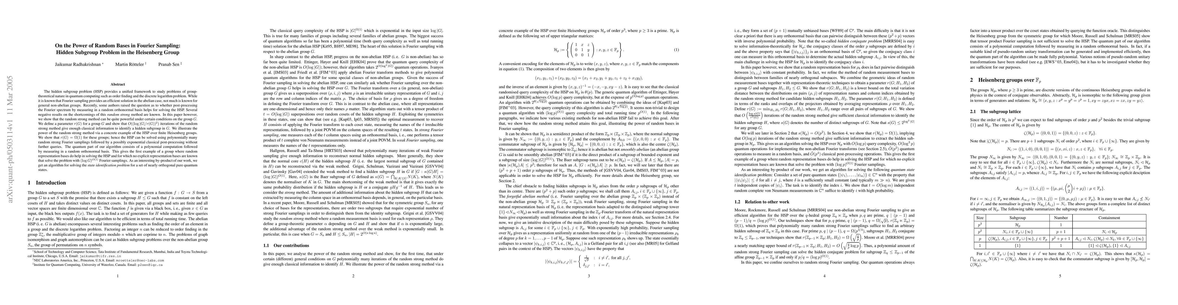 Thumbnail for On the Power of Random Bases in Fourier Sampling: Hidden Subgroup
  Problem in the Heisenberg Group