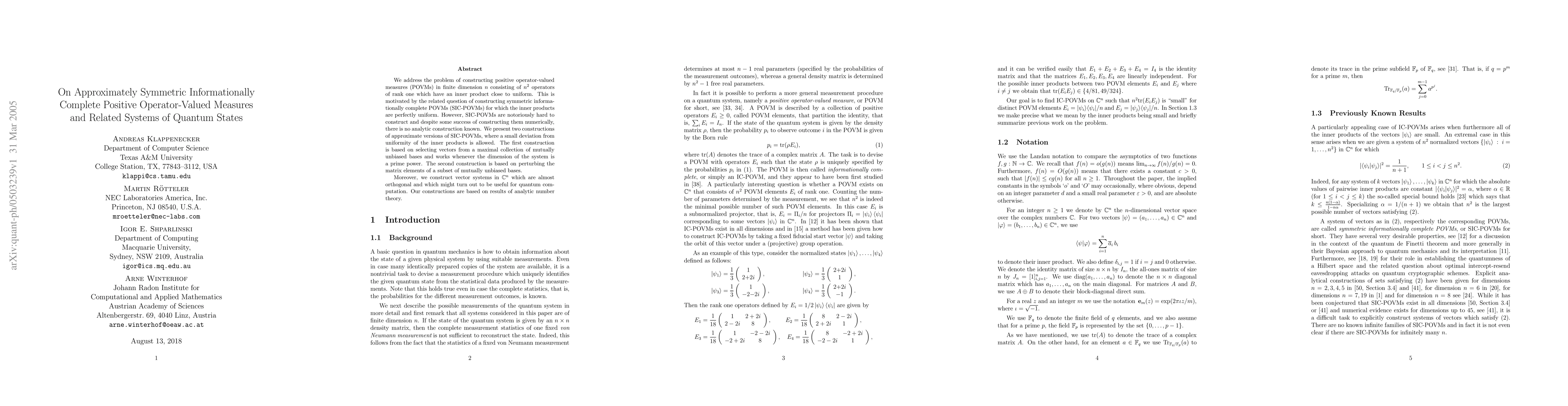 Thumbnail for On Approximately Symmetric Informationally Complete Positive
  Operator-Valued Measures and Related Systems of Quantum States