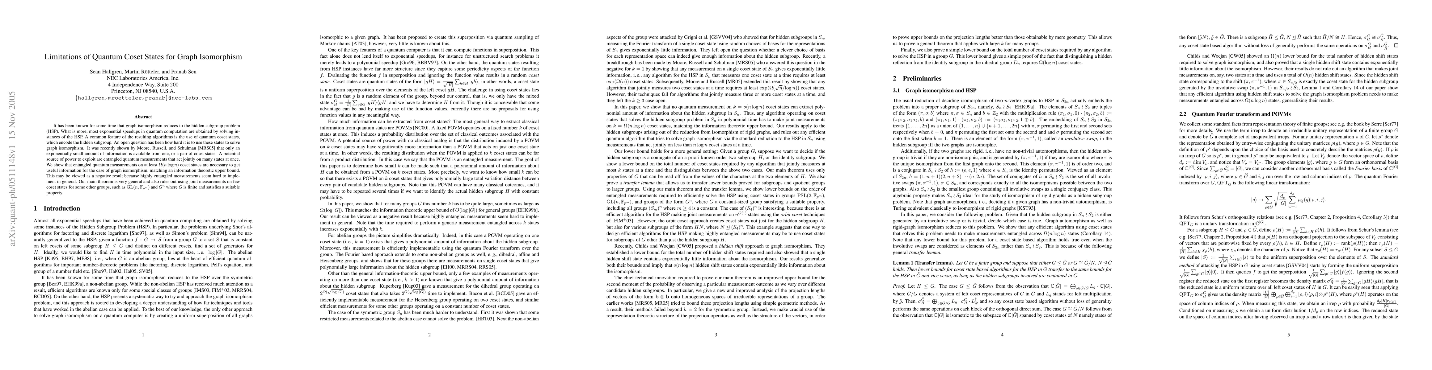 Thumbnail for Limitations of Quantum Coset States for Graph Isomorphism