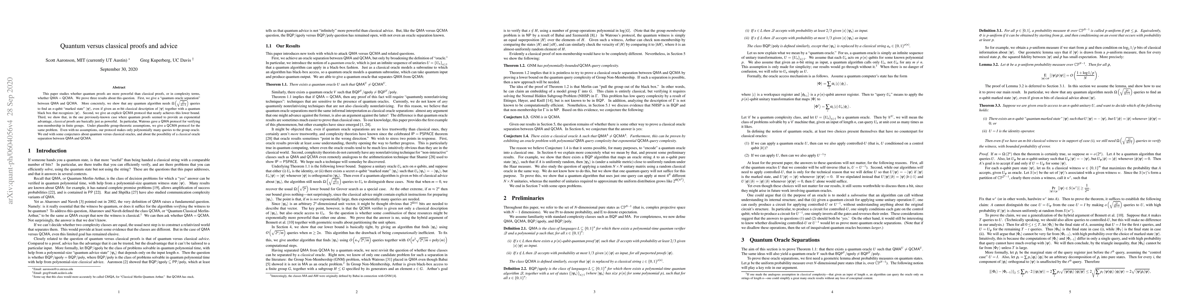 Thumbnail for Quantum Versus Classical Proofs and Advice
