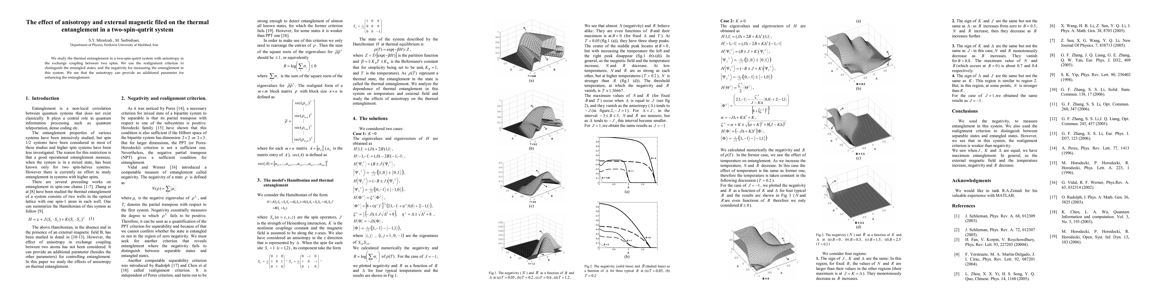 Thumbnail for The effect of anisotropy and external magnetic filed on the thermal
  entanglement in a two-spin-qutrit system