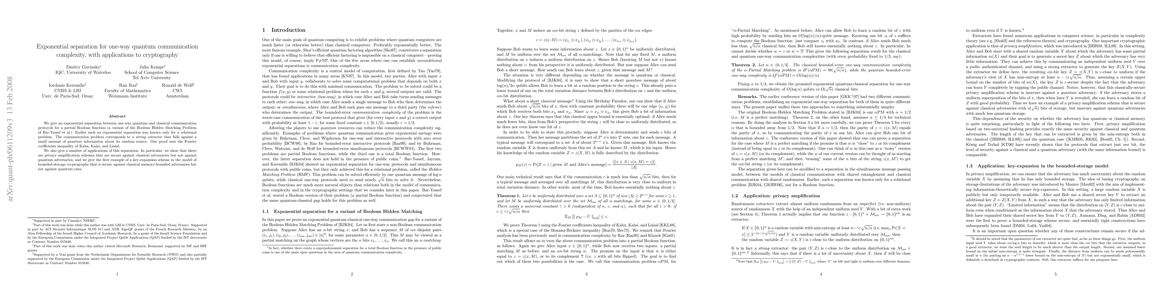 Thumbnail for Exponential separations for one-way quantum communication complexity,
  with applications to cryptography