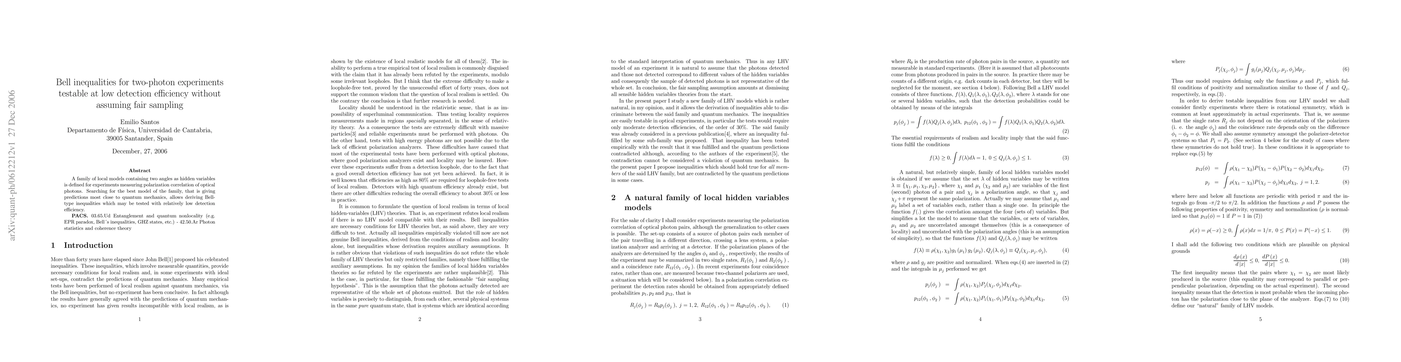 Thumbnail for Bell inequalities for two-photon experiments testable at low detection
  efficiency without assuming fair sampling