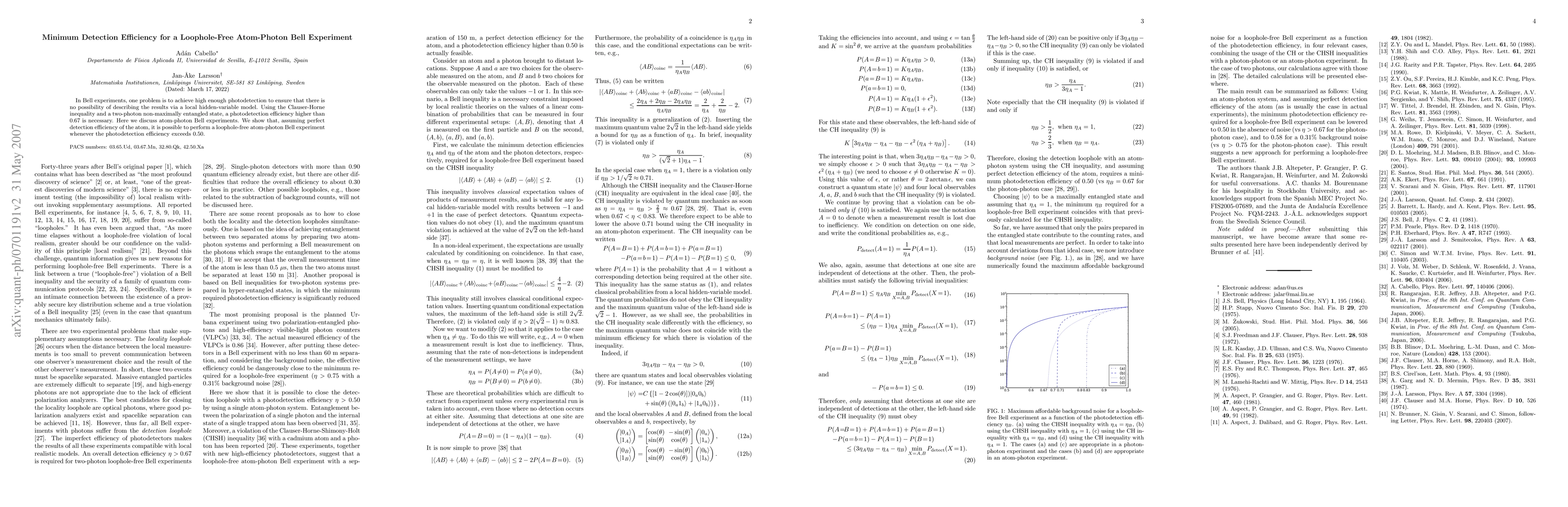 Thumbnail for Minimum detection efficiency for a loophole-free atom-photon Bell
  experiment