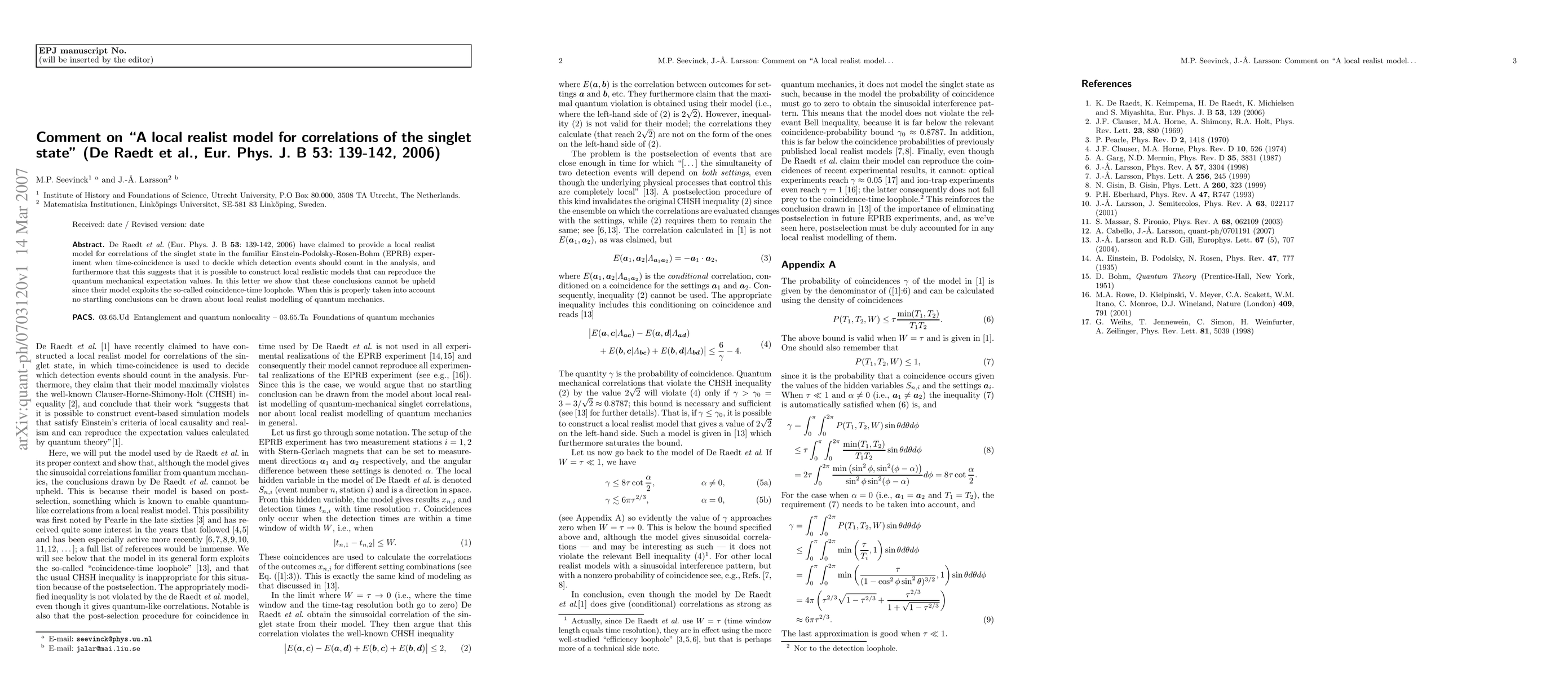 Thumbnail for Comment on "A local realist model for correlations of the singlet
  state'' (De Raedt et al., Eur. Phys. J. B 53: 139-142, 2006)