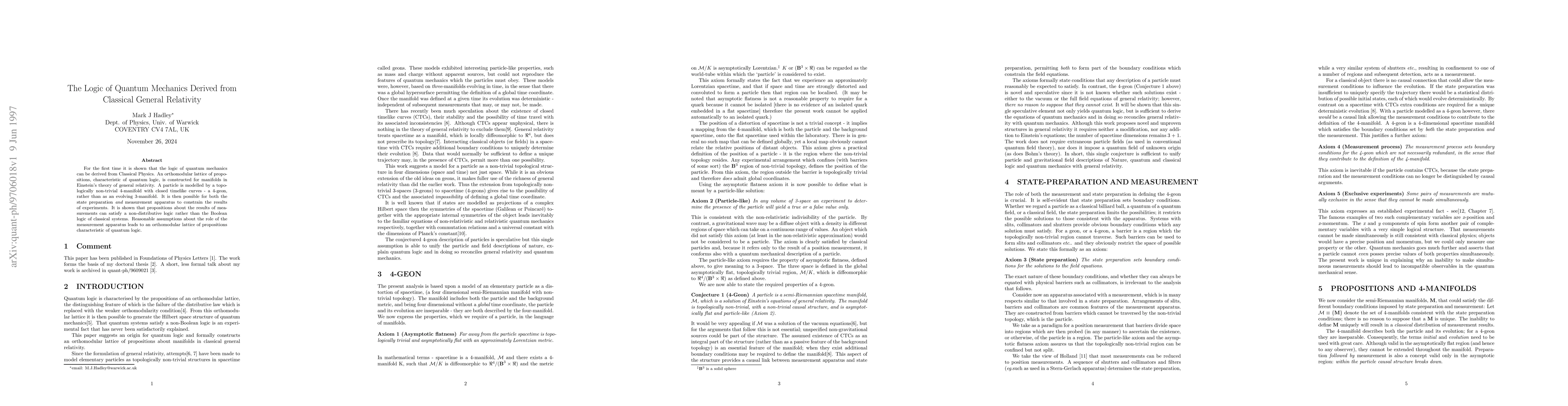 Thumbnail for The Logic of Quantum Mechanics Derived from Classical General Relativity
