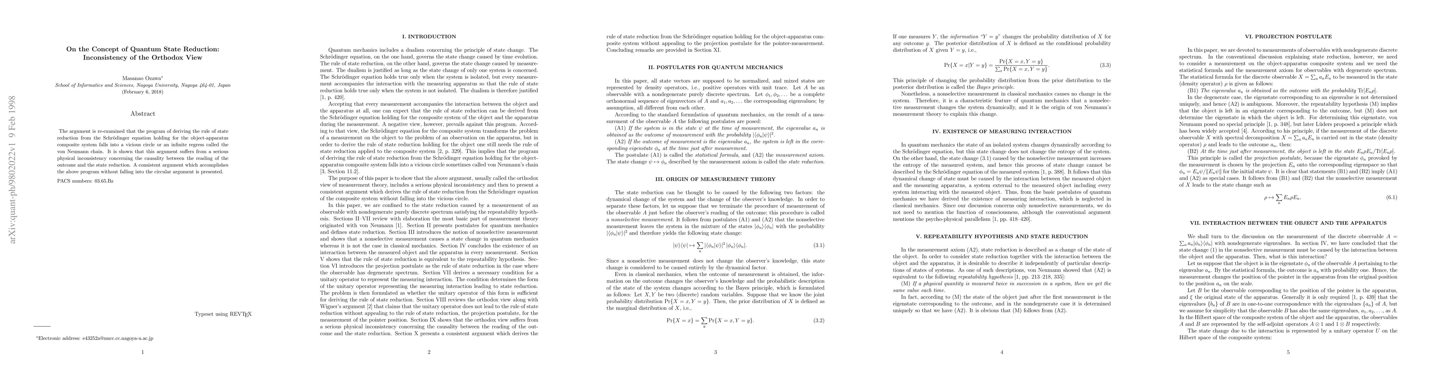 Thumbnail for On the Concept of Quantum State Reduction: Inconsistency of the Orthodox
  View