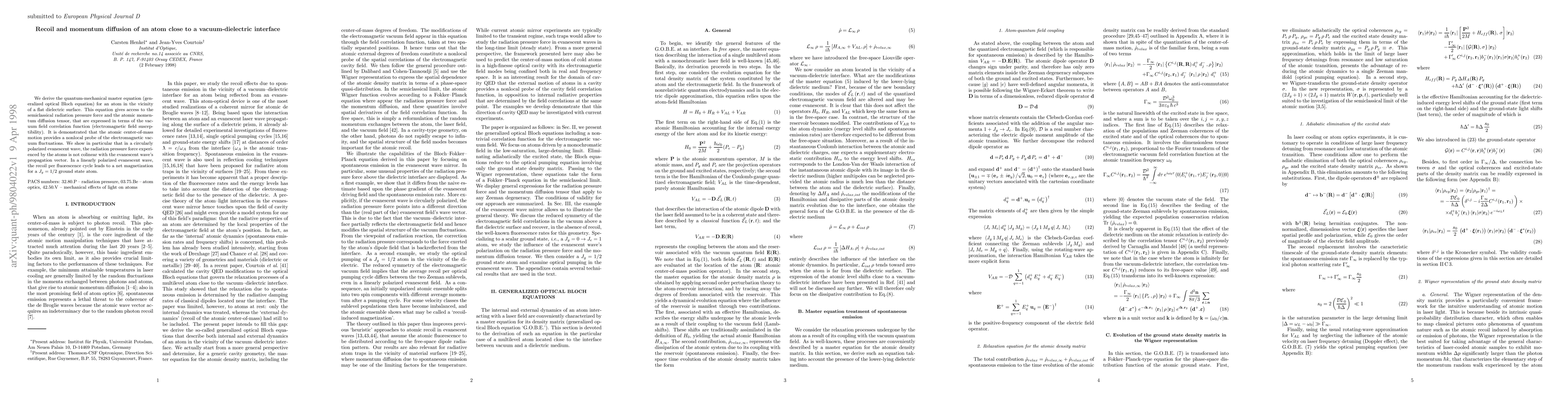 Thumbnail for Recoil and momentum diffusion of an atom close to a vacuum-dielectric
  interface