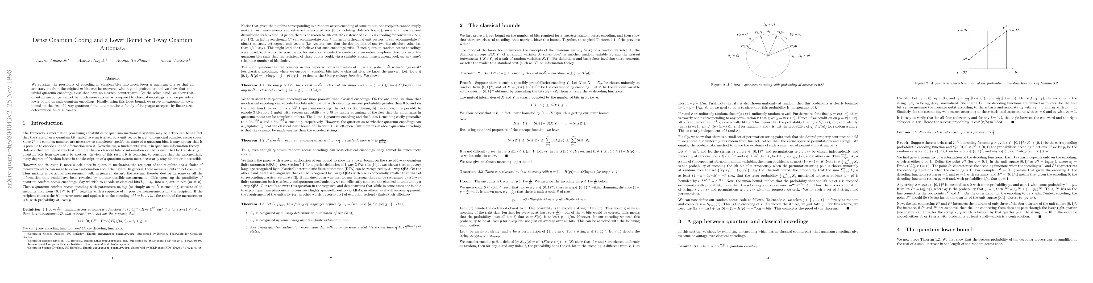 Thumbnail for Dense Quantum Coding and a Lower Bound for 1-way Quantum Automata