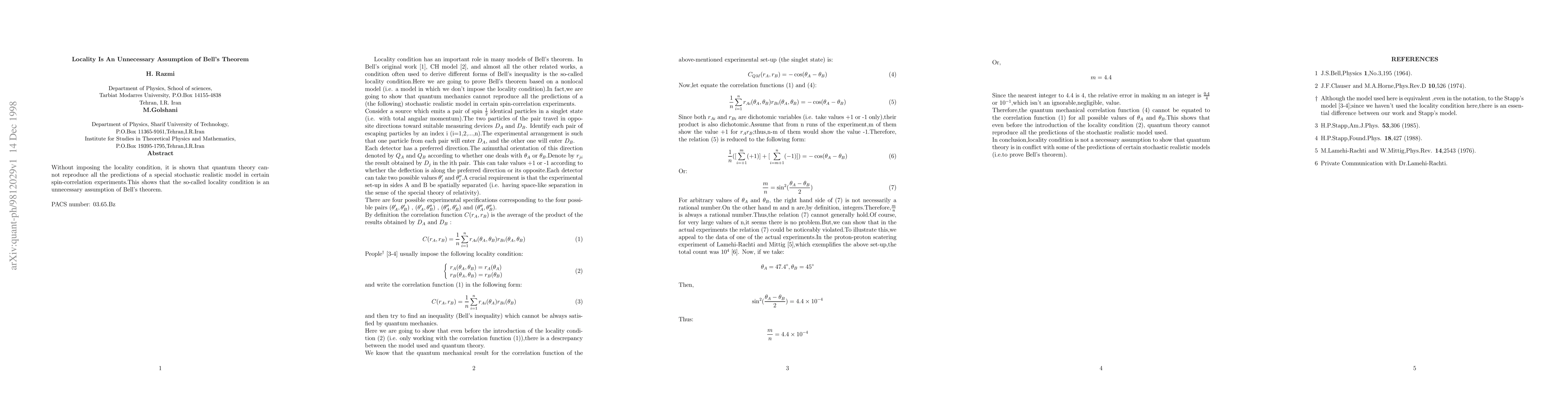 Thumbnail for Locality Is An Unnecessary Assumption of Bell's Theorem