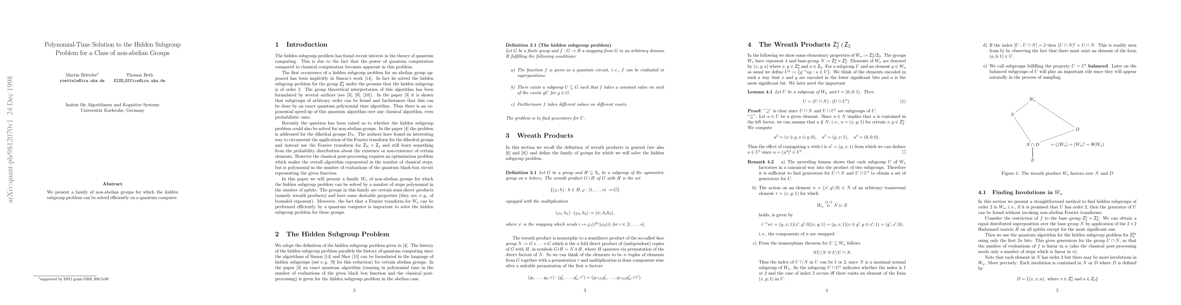 Thumbnail for Polynomial-Time Solution to the Hidden Subgroup Problem for a Class of
  non-abelian Groups