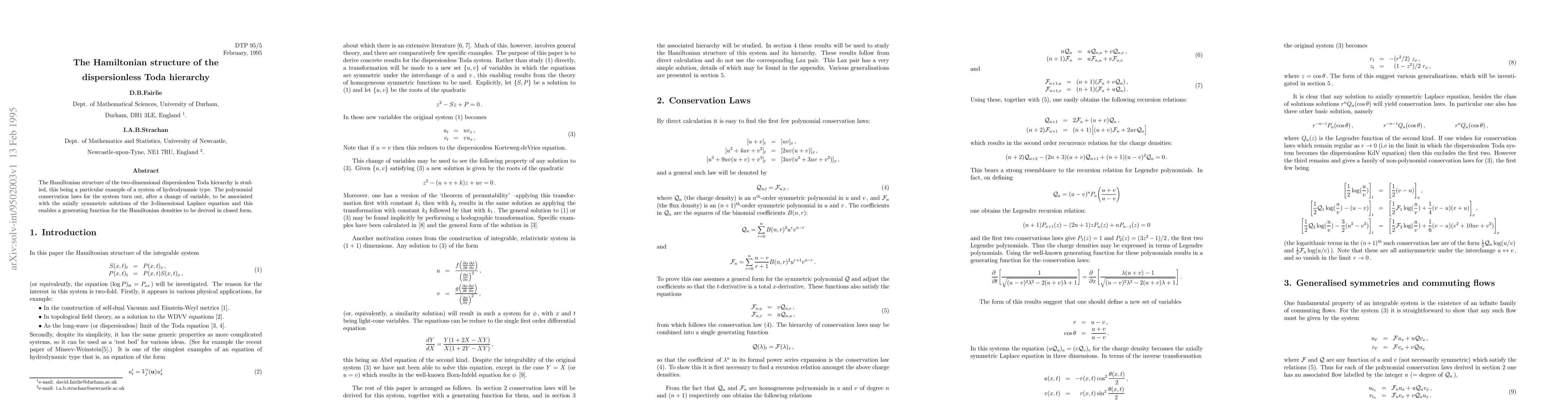 Thumbnail for The Hamiltonian structure of the dispersionless Toda hierarchy