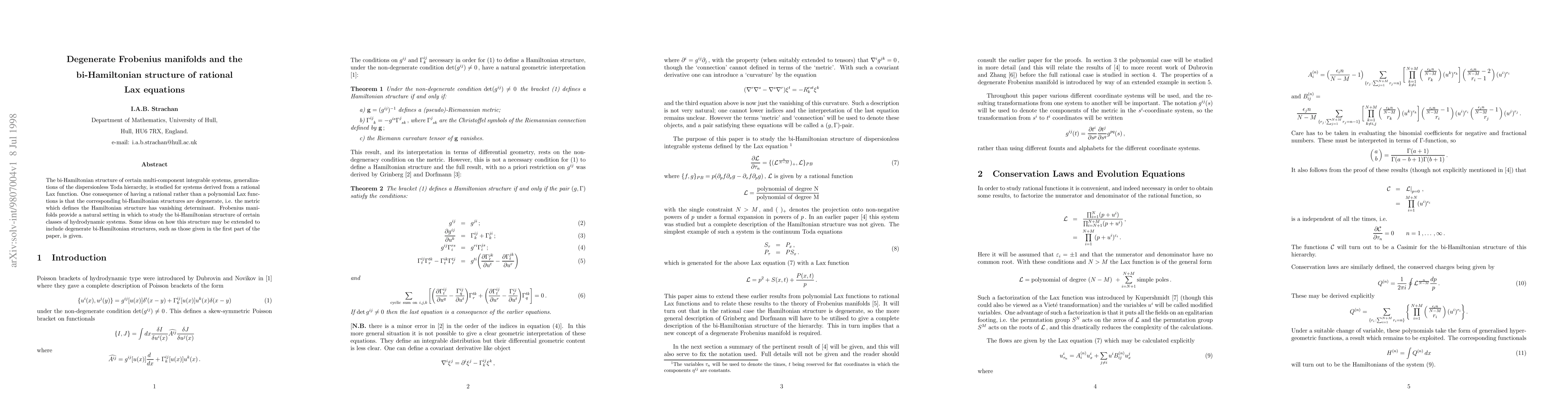 Thumbnail for Degenerate Frobenius manifolds and the bi-Hamiltonian structure of
  rational Lax equations